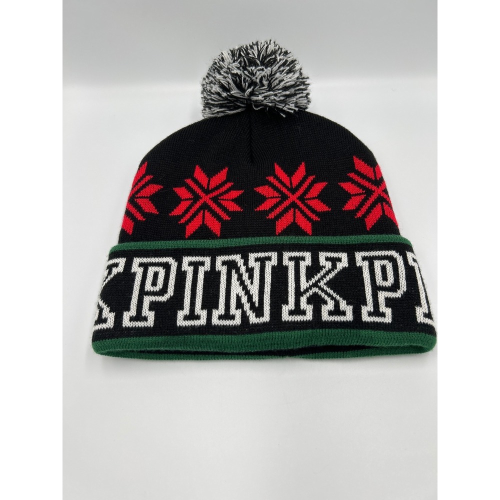 Victorias Secret PINK Beanie Hat‎ Black Red Snowflake Fair Isle Pom Pom Knit